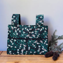 Load image into Gallery viewer, Green Mistletoe Christmas walker bag with pockets and black quilted interior
