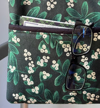 Load image into Gallery viewer, Green Mistletoe Christmas walker bag with pockets and black quilted interior