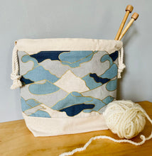 Load image into Gallery viewer, Ocean waves blue and gold knitting project bag