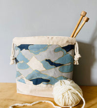 Load image into Gallery viewer, Ocean waves blue and gold knitting project bag