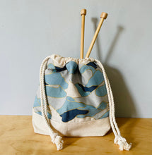 Load image into Gallery viewer, Ocean waves blue and gold knitting project bag