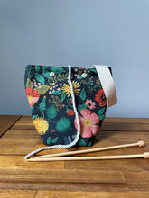 Load image into Gallery viewer, Black floral Rifle Paper co yarn ball bag with handle for knitters