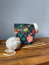 Load image into Gallery viewer, Black floral Rifle Paper co yarn ball bag with handle for knitters
