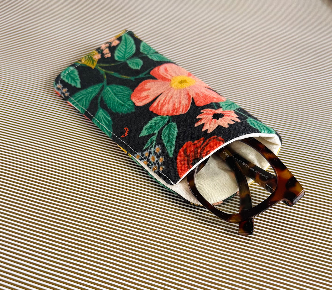 Black Camont Floral Padded Glasses Case – Linen Cotton Quilted Sleeve for Sunglasses & Reading Glasses | Stylish Protective Cover