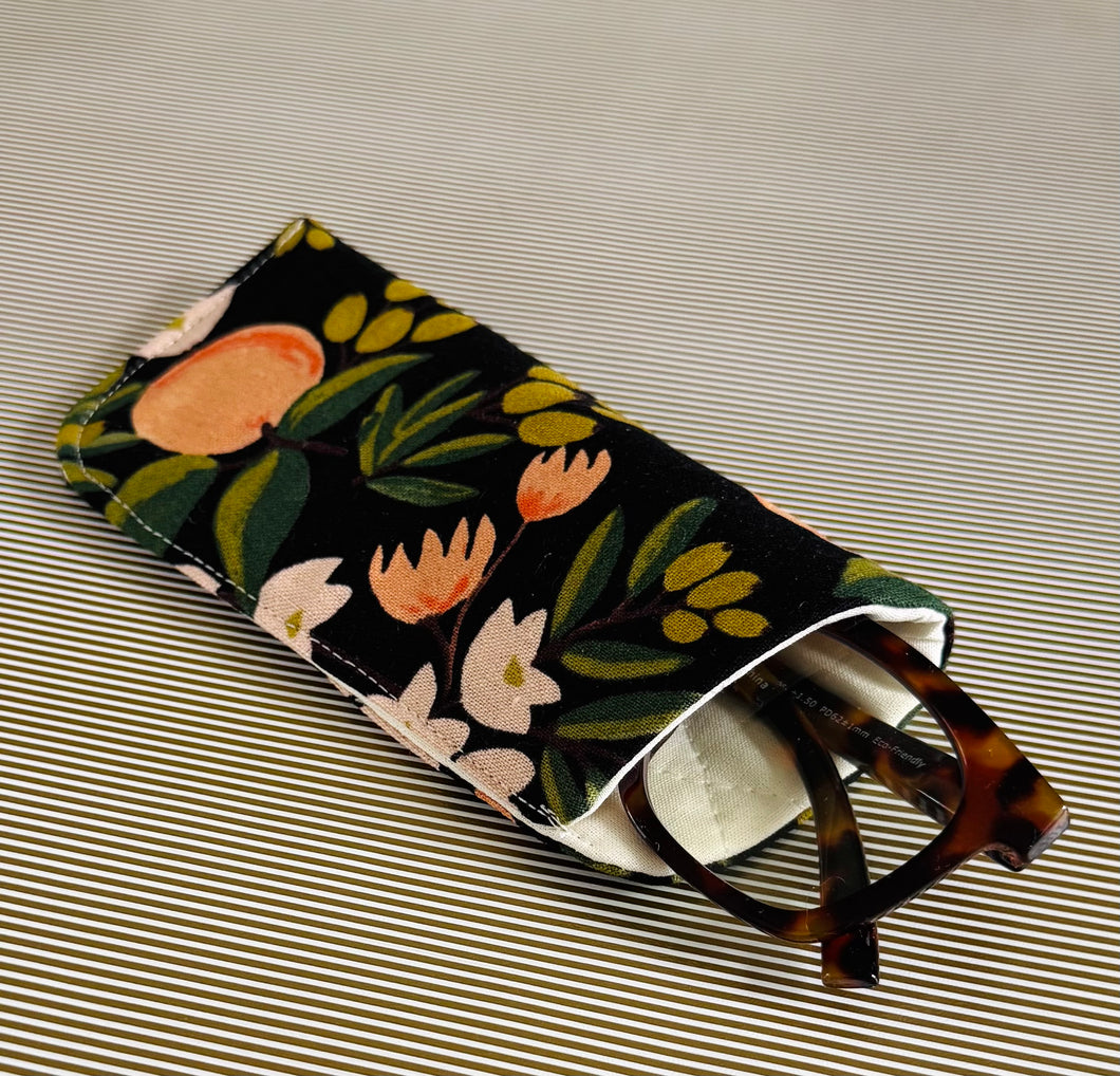 Black Citrus Padded Glasses Case – Linen Cotton Quilted Sleeve for Sunglasses & Reading Glasses | Stylish Protective Cover
