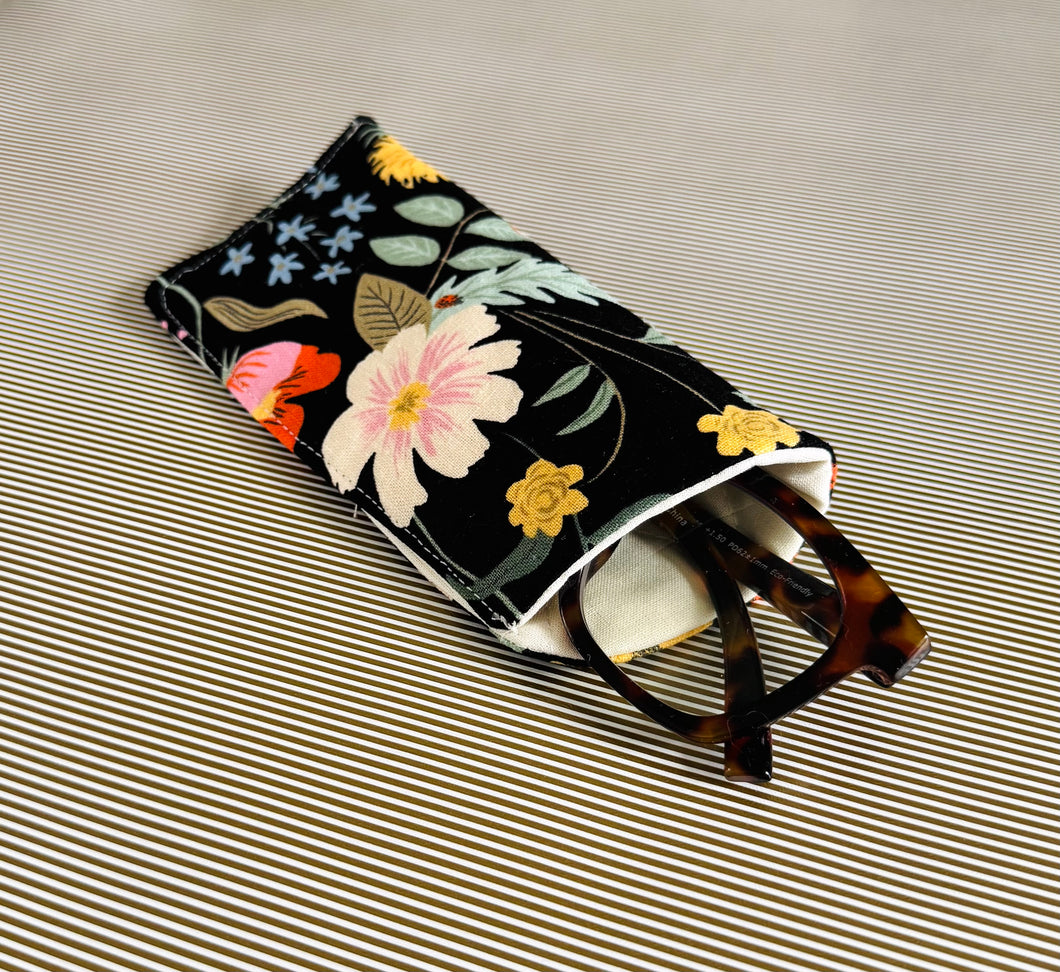 Black Strawberry Floral Padded Glasses Case – Linen Cotton Quilted Sleeve for Sunglasses & Reading Glasses | Stylish Protective Cover
