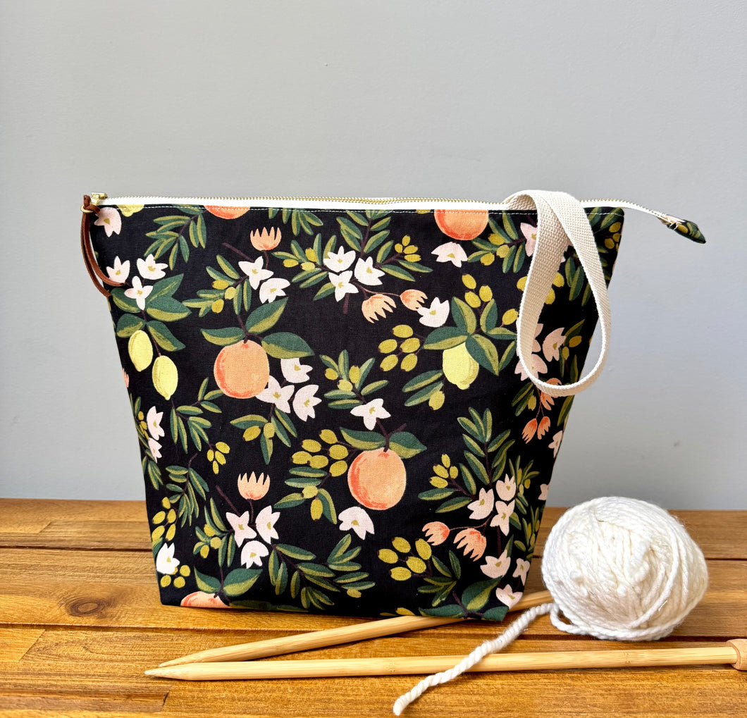 XL knitting project bag in black citrus