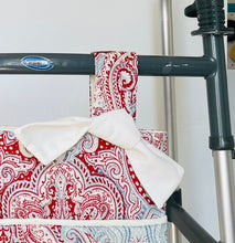 Load image into Gallery viewer, Holiday gift for grandma, red and blue paisley walker bag, walker tote with pockets, rollator walker caddy, pretty bedside bag
