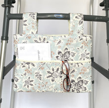 Load image into Gallery viewer, Pretty walker bag, walker tote, walker bag with pockets, blue and white bag, nursing home needs, walker accessories, walker bag for elderly
