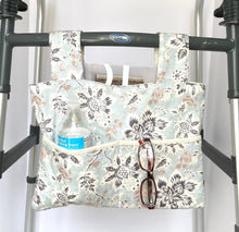 Load image into Gallery viewer, Pretty walker bag, walker tote, walker bag with pockets, blue and white bag, nursing home needs, walker accessories, walker bag for elderly
