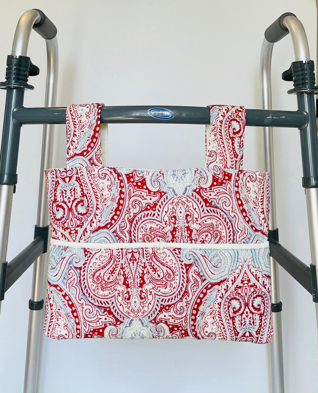 Holiday gift for grandma, red and blue paisley walker bag, walker tote with pockets, rollator walker caddy, pretty bedside bag