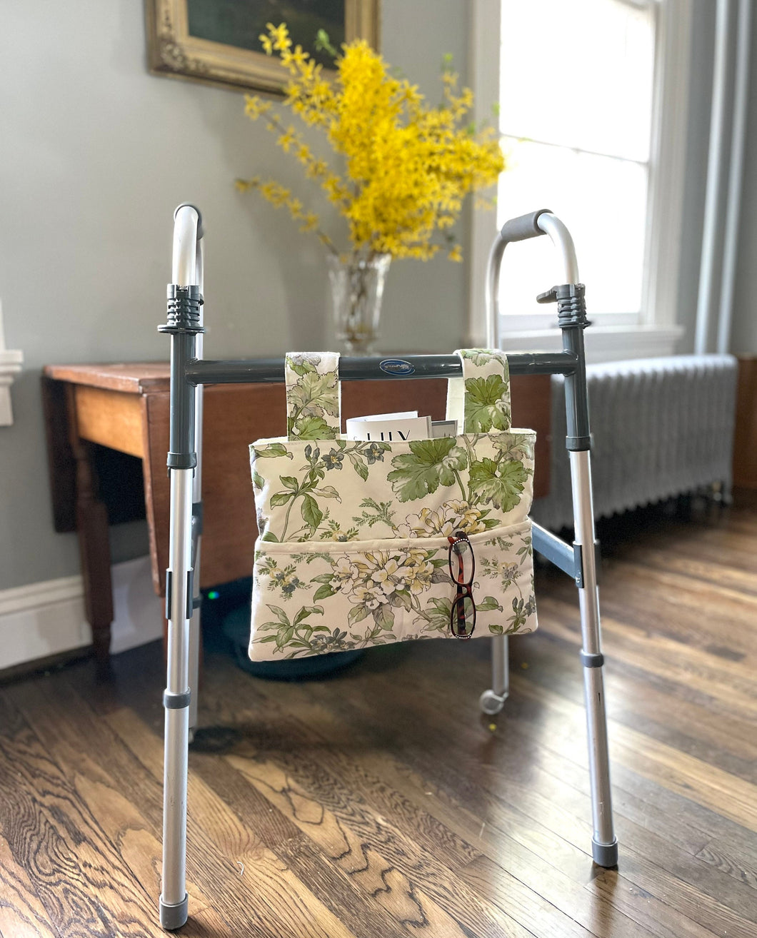spring walker bag, walker tote, Mother’s Day gift, walker bag with pockets, nursing home needs, hip replacement gift, floral bag for elderly