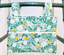 Load image into Gallery viewer, NEW! Rifle Bramble daisy floral walker bag, gift for grandma, walker tote, Christmas gift for mom, stylish rollator bag, blue walker caddy
