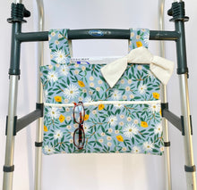 Load image into Gallery viewer, NEW! Rifle Bramble daisy floral walker bag, gift for grandma, walker tote, Christmas gift for mom, stylish rollator bag, blue walker caddy
