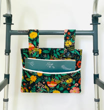 Load image into Gallery viewer, Floral Rifle Paper Co fabric walker bag, feminine bag for walker, walker caddy, rollator walker bag with pockets, birthday gift for grandma
