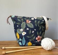 Load image into Gallery viewer, NEW! XL knitting project bag in navy Rifle Paper co fabric
