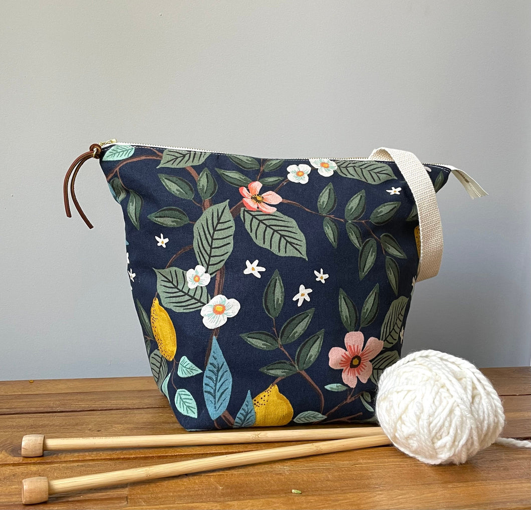 NEW! XL knitting project bag in navy Rifle Paper co fabric