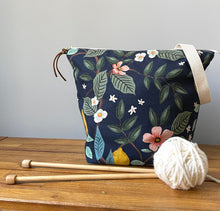 Load image into Gallery viewer, NEW! XL knitting project bag in navy Rifle Paper co fabric
