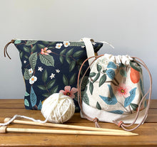 Load image into Gallery viewer, NEW! XL knitting project bag in navy Rifle Paper co fabric

